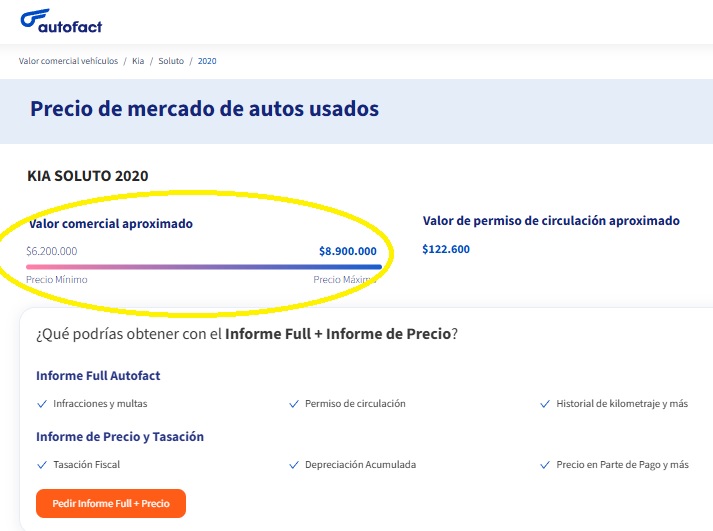 Saber valor comercial auto usado en Autofact