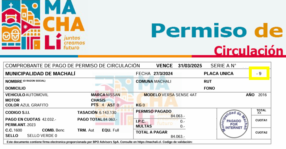Dígito verificador de la patente: permiso de circulacion