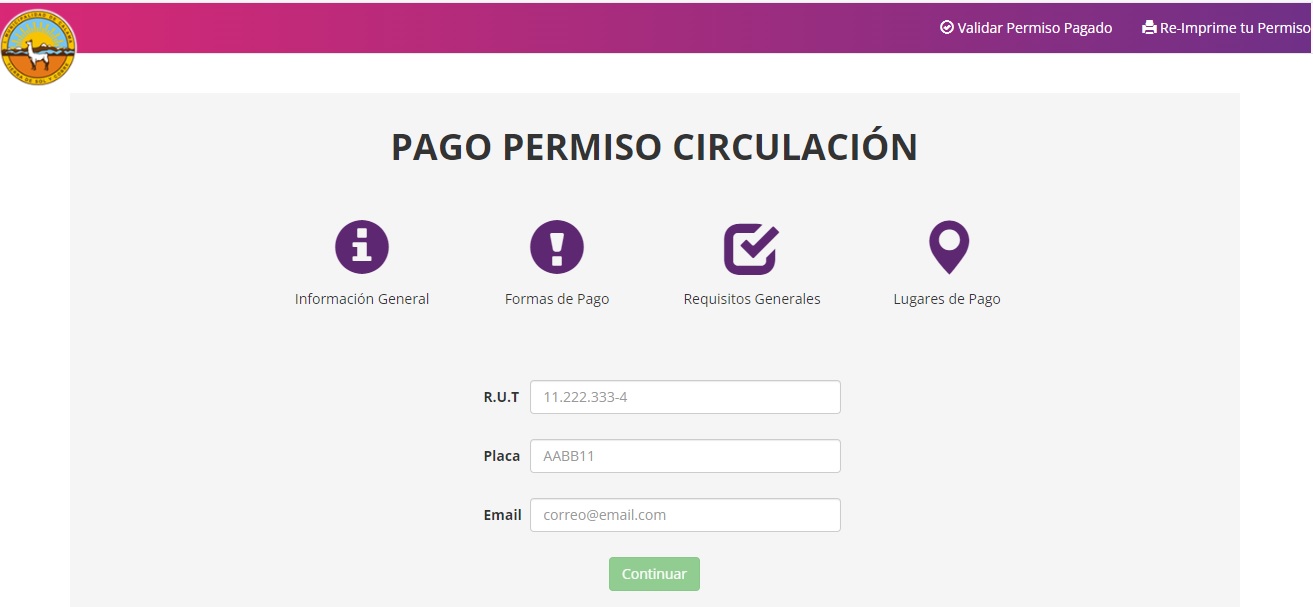 Botón de pago permiso de circulación en Calama