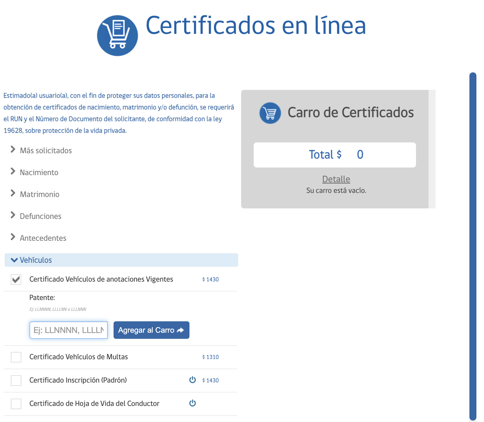 Información de auto por patente: CAV registro civil