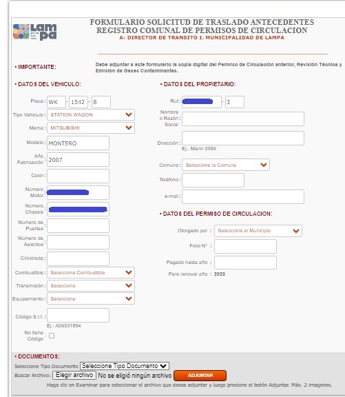 Formulario de traslado del permiso de circulación a Lampa