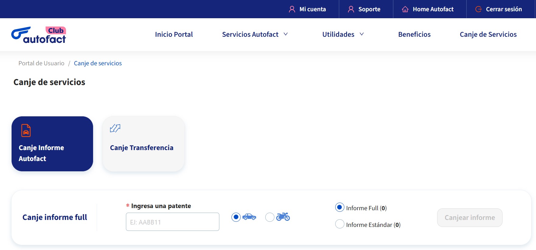 Canje de informe o transferencia Autofact