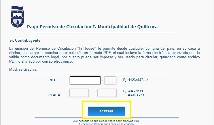 Botón de pago permiso Quilicura