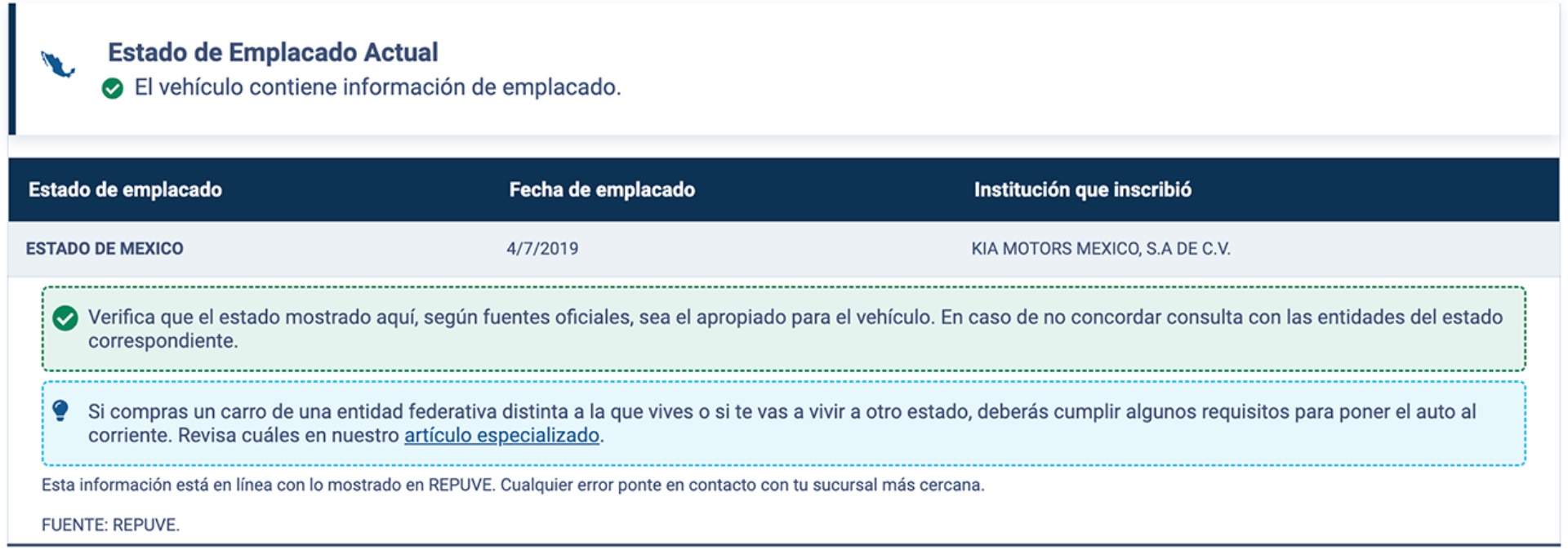 VIGENCIA DE LAS PLACAS  sección de estado de emplacado en el informe autofact