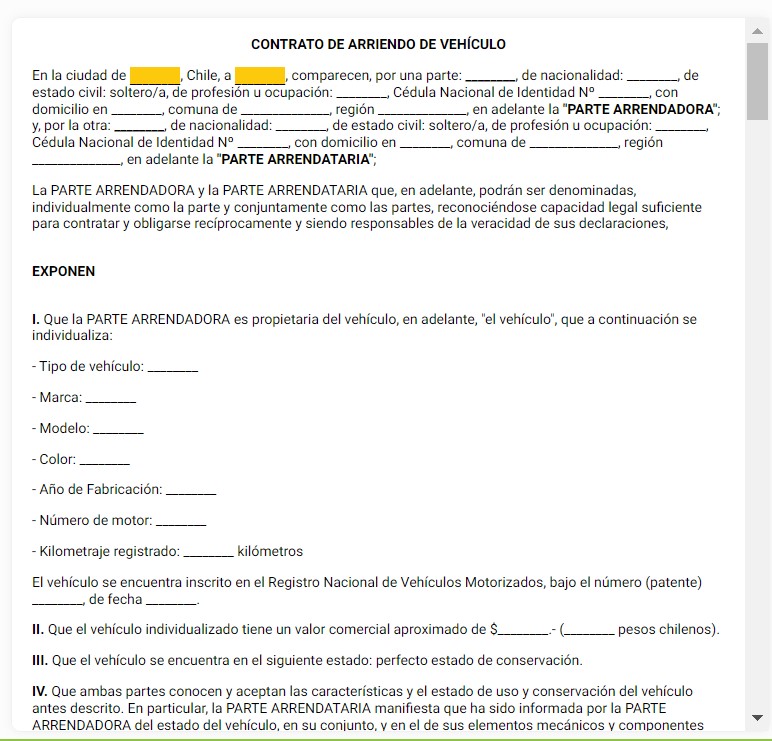 Ejemplo de contrato de arriendo de vehículo