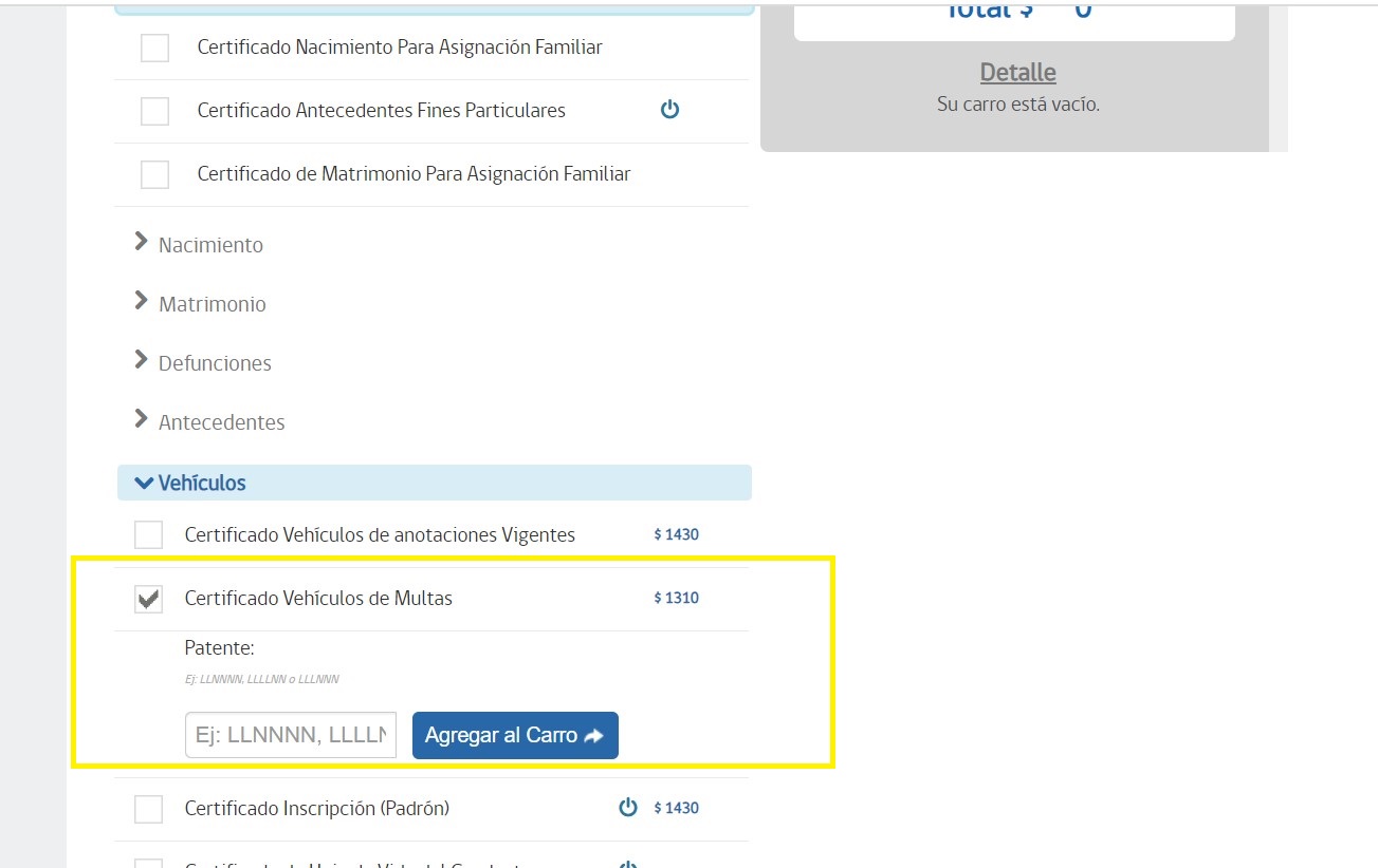 Certificado de multas de tránsito de un vehículo