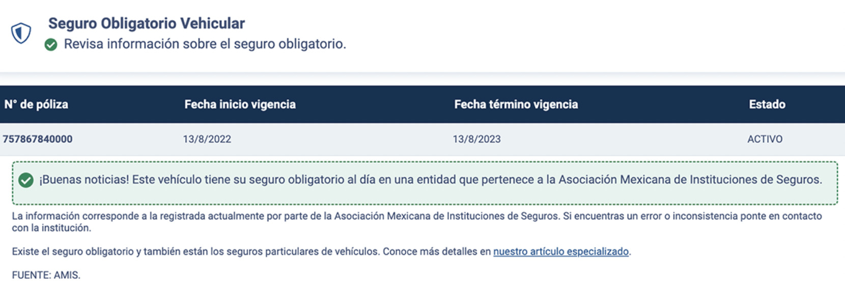 Seguro obligatorio vehicular Informe Autofact