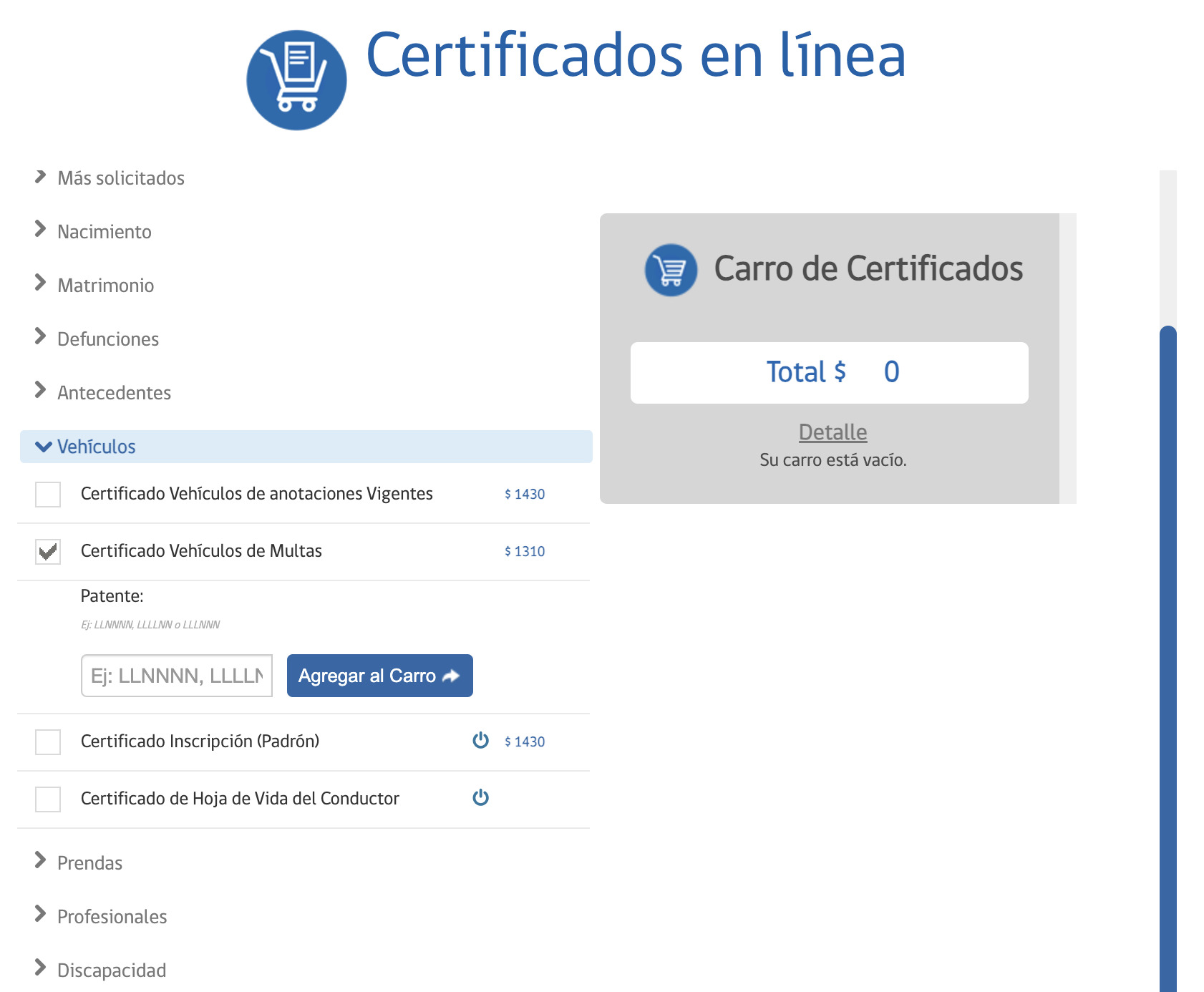 certificado de multas del vehículo