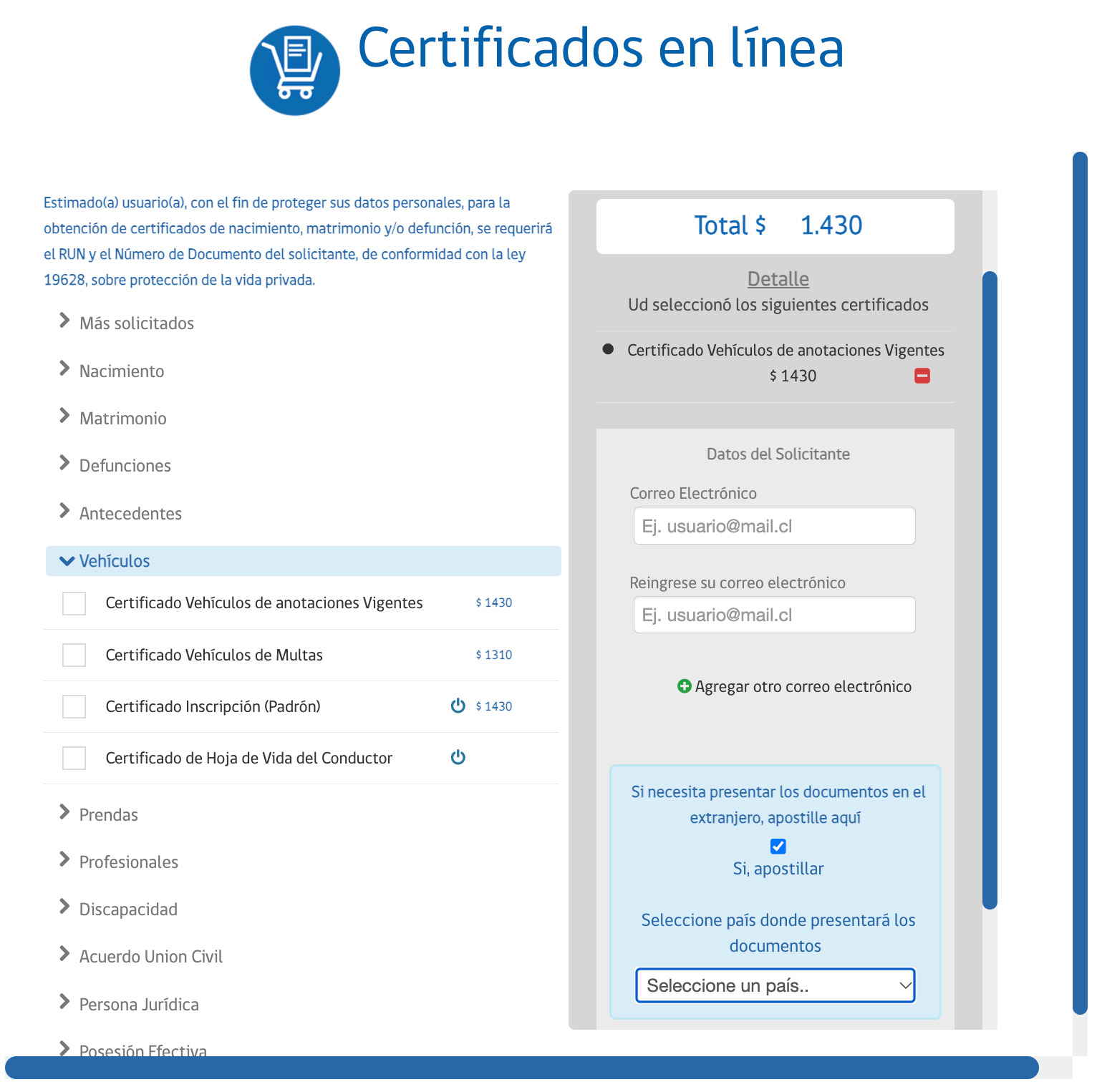 Apostilla y documentos vehiculares en Registro Civil online
