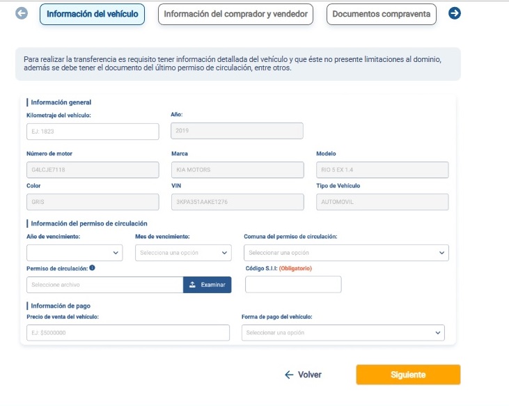 Datos del vehículo para hacer la Transferencia Autofact