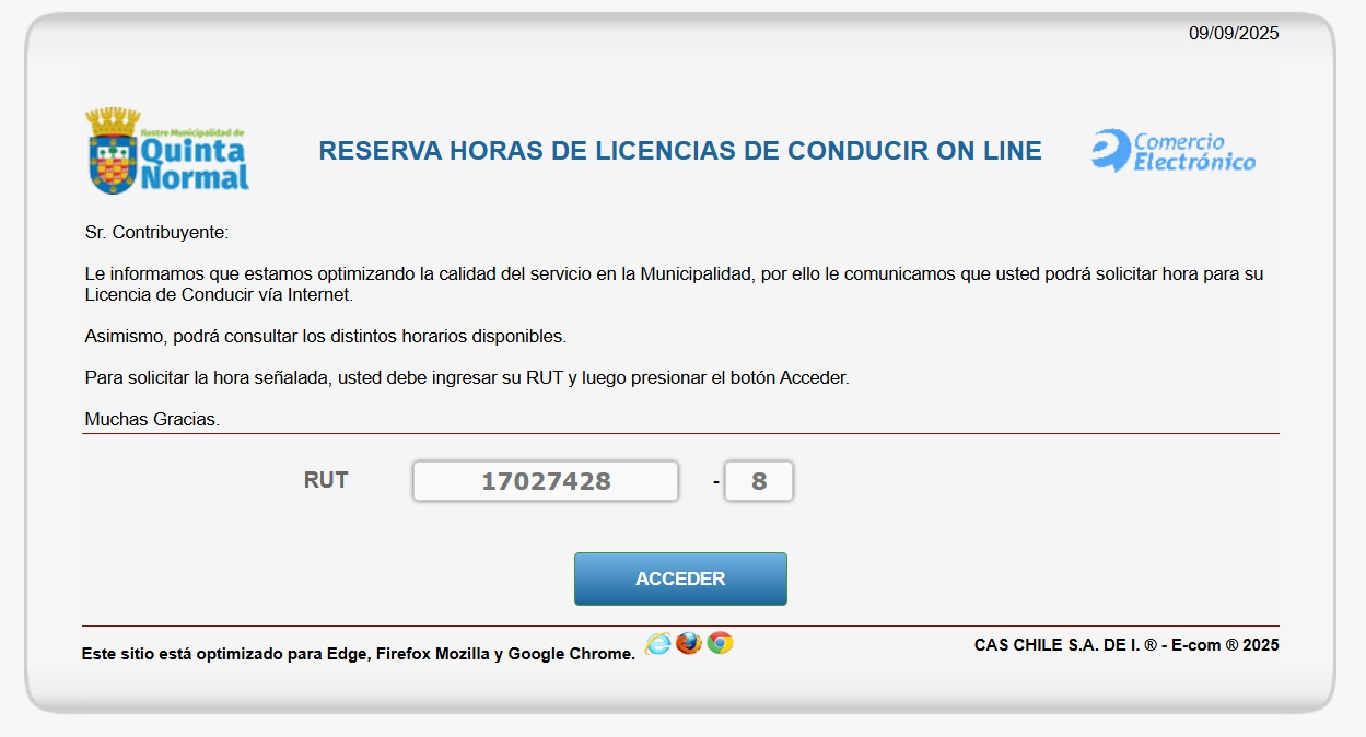 agenda de hora licencia quinta normal