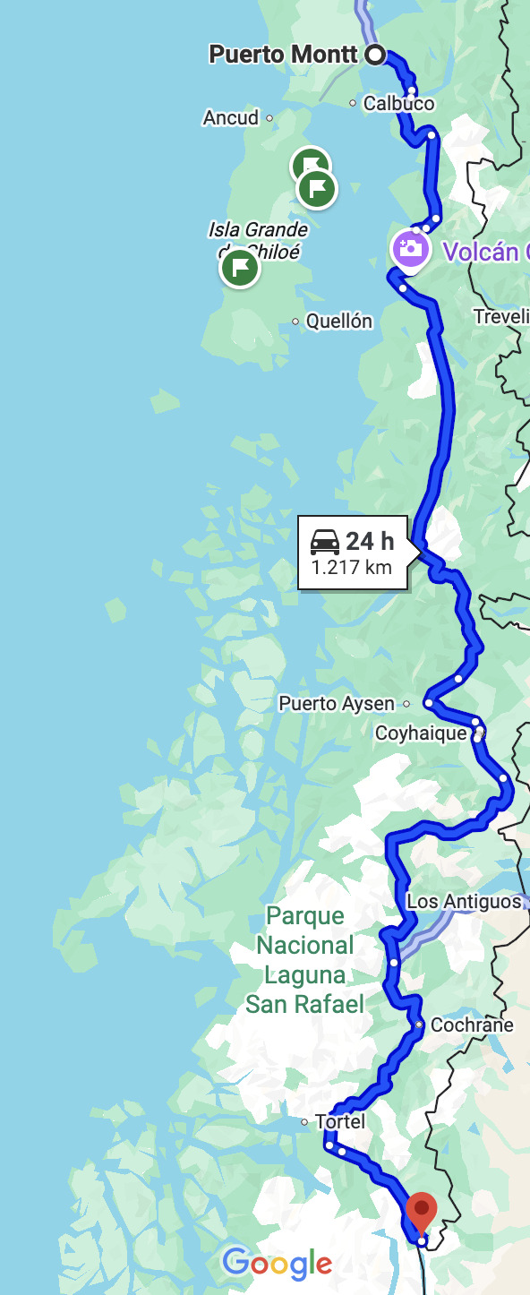 Viaje en auto hasta la Carretera Austral: mapa puerto montt a villa o'higgins