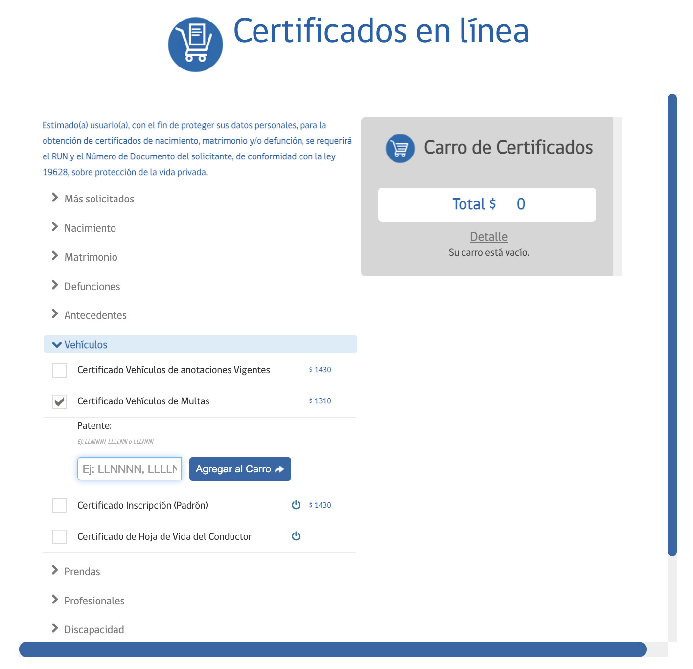Información de auto por patente: certificado de multas registro civil