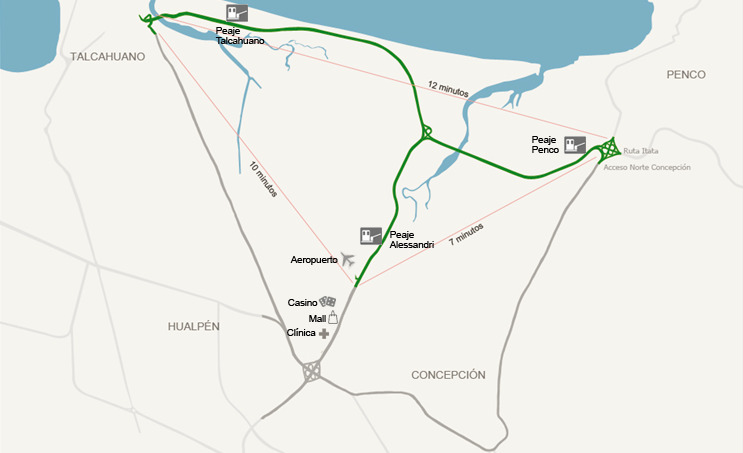 Peajes de la Ruta Interportuaria Talcahuano - Penco mapa