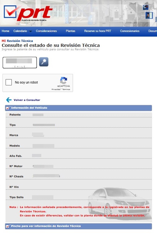 información vehicular PRT por patente